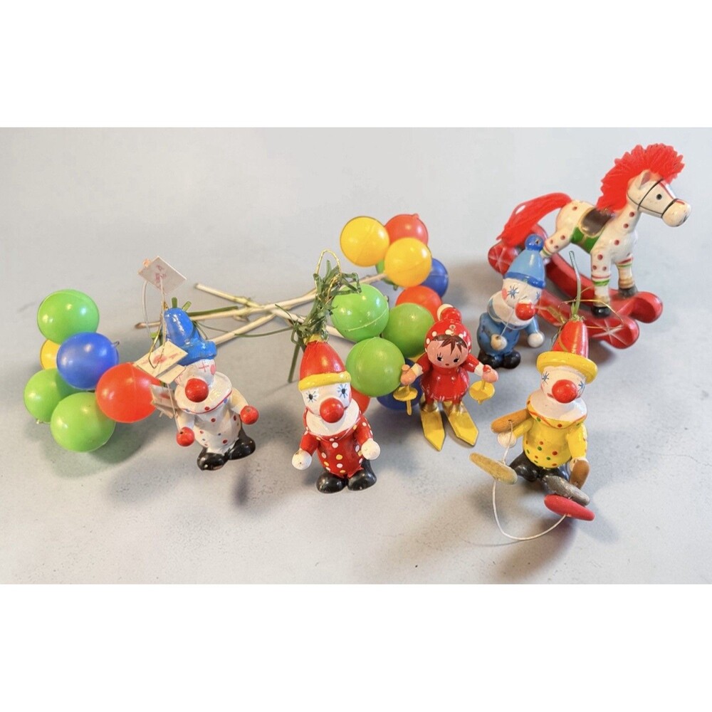 Vintage Christmas Ornaments Lot Of Wooden clowns - Horse - little girl etc